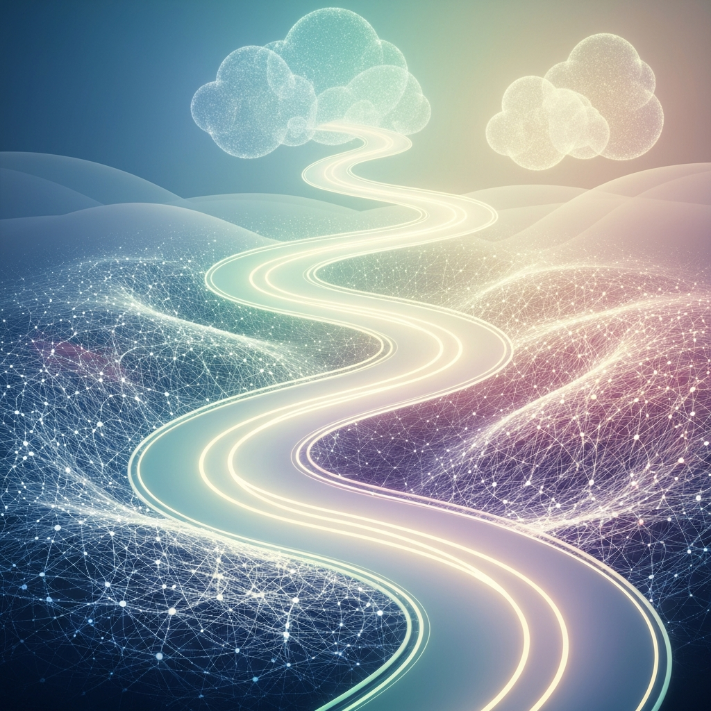 A serene illustration featuring a glowing, winding path gently cradled by an ethereal safety net, symbolizing financial clarity and support for neurodivergent individuals.