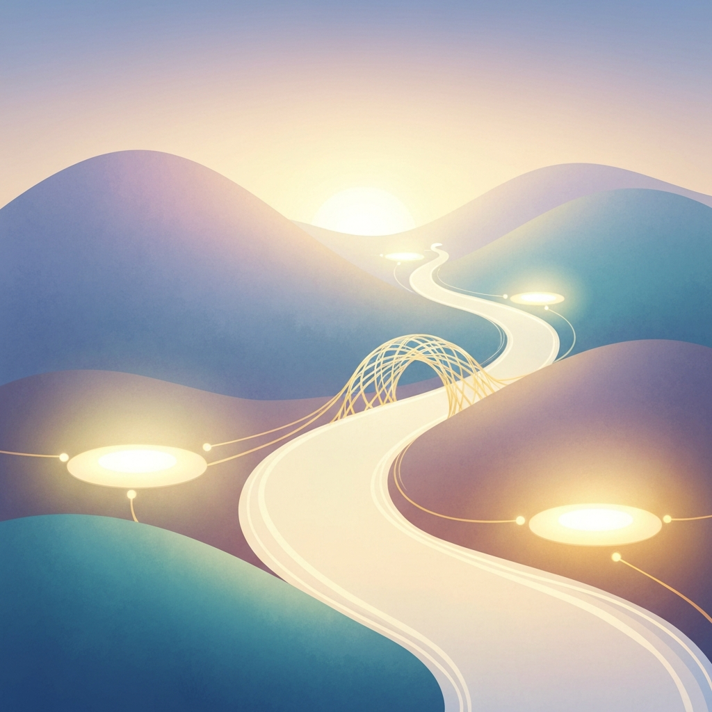 A calming, abstract illustration depicting a luminous, winding path through soft hills, symbolizing peaceful financial management and continuity, free from anxiety.
